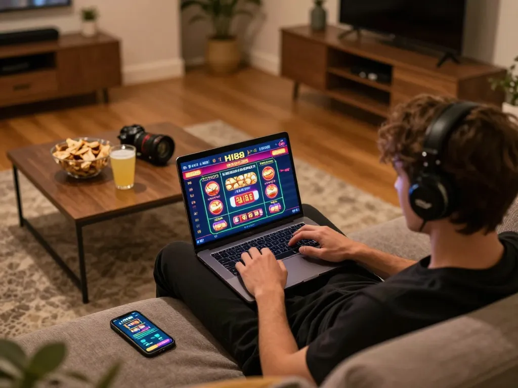 Engaging in online gameplay at HI88 casino on laptop in a cozy home setting.