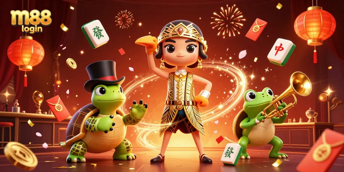 Experience m88 login action with dynamic gambling characters at a colorful casino scene.