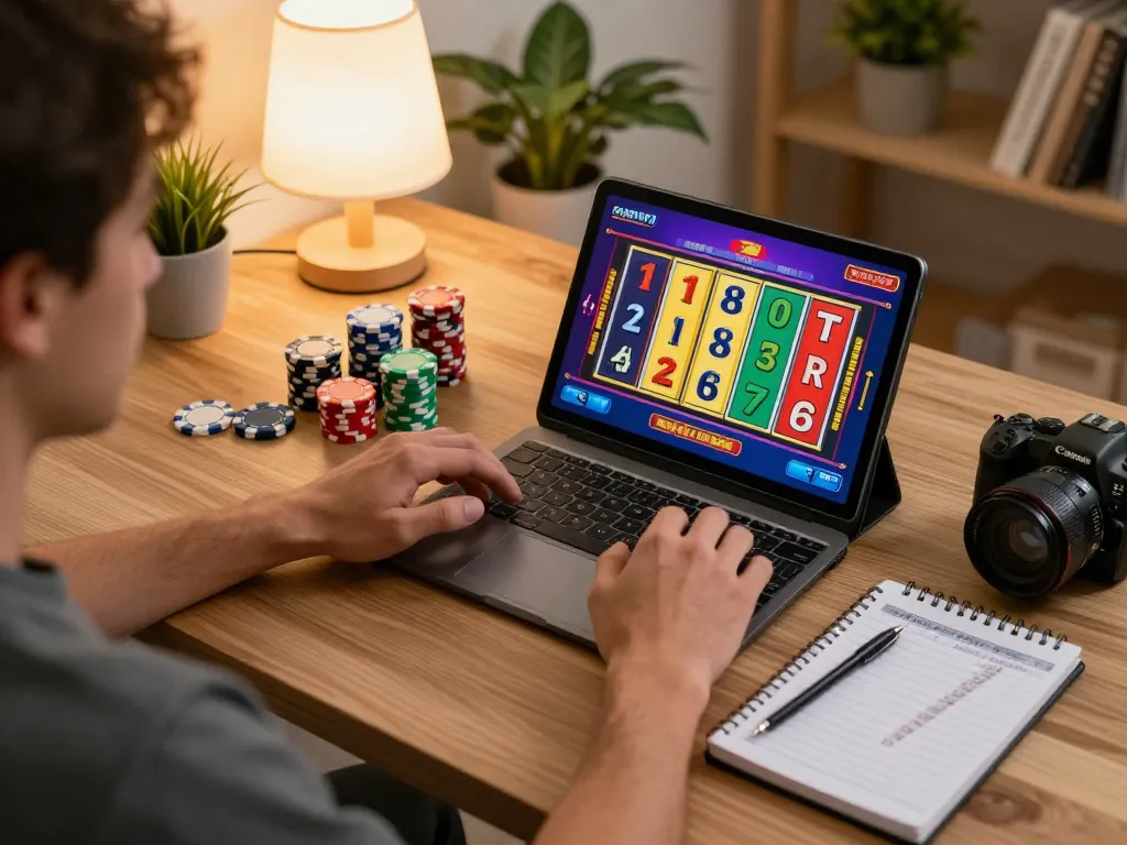A player engages with slot games through aman788 on a tablet in a cozy living room setting.