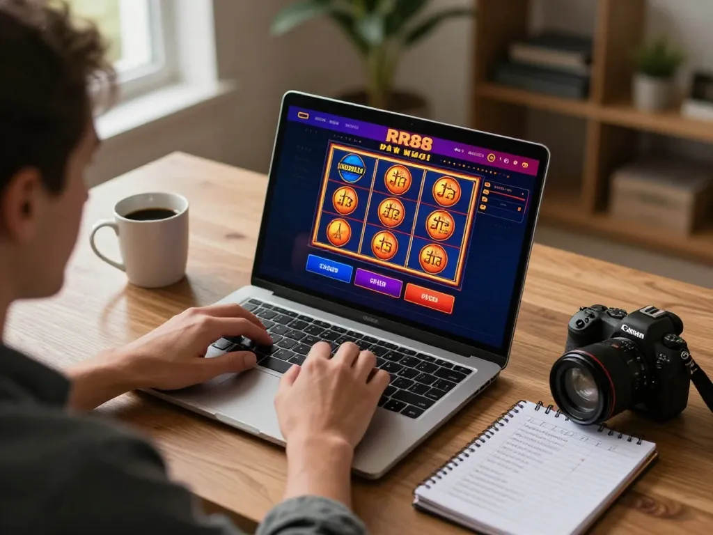 Engaging in RR88 online casino gaming, showcasing vibrant slot options and strategic notes for success.