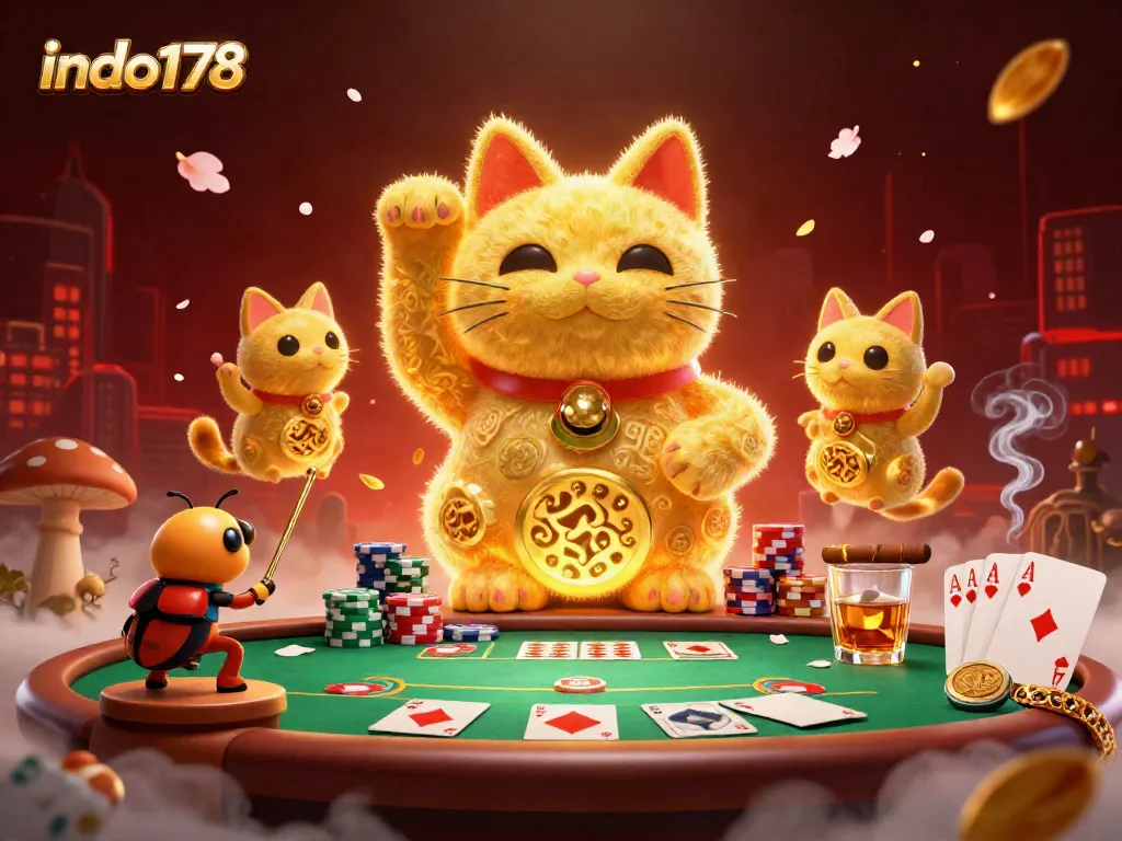 Engage with indo178's vibrant 3D casino art featuring golden fireflies and dynamic poker elements.