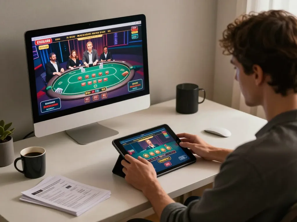 Engaging in online casino game strategy at rr88c with tablet in modern cozy setup
