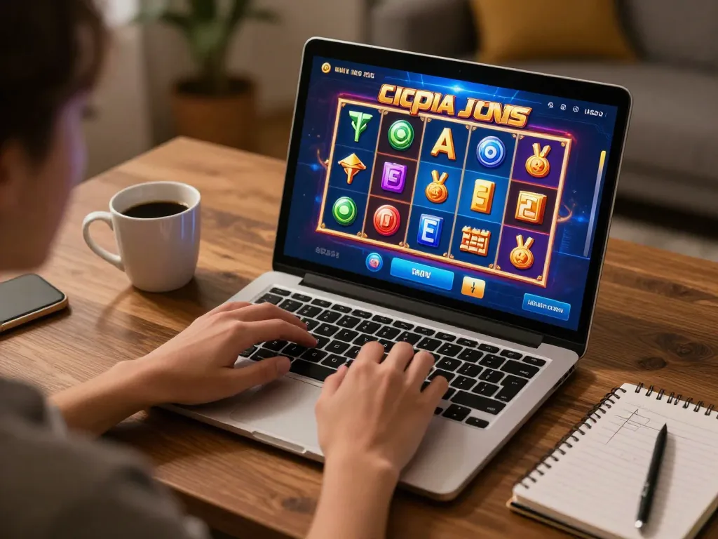 Neng4D slot gameplay shown on a laptop screen, capturing vibrant colors and potential wins in a lively home gaming environment