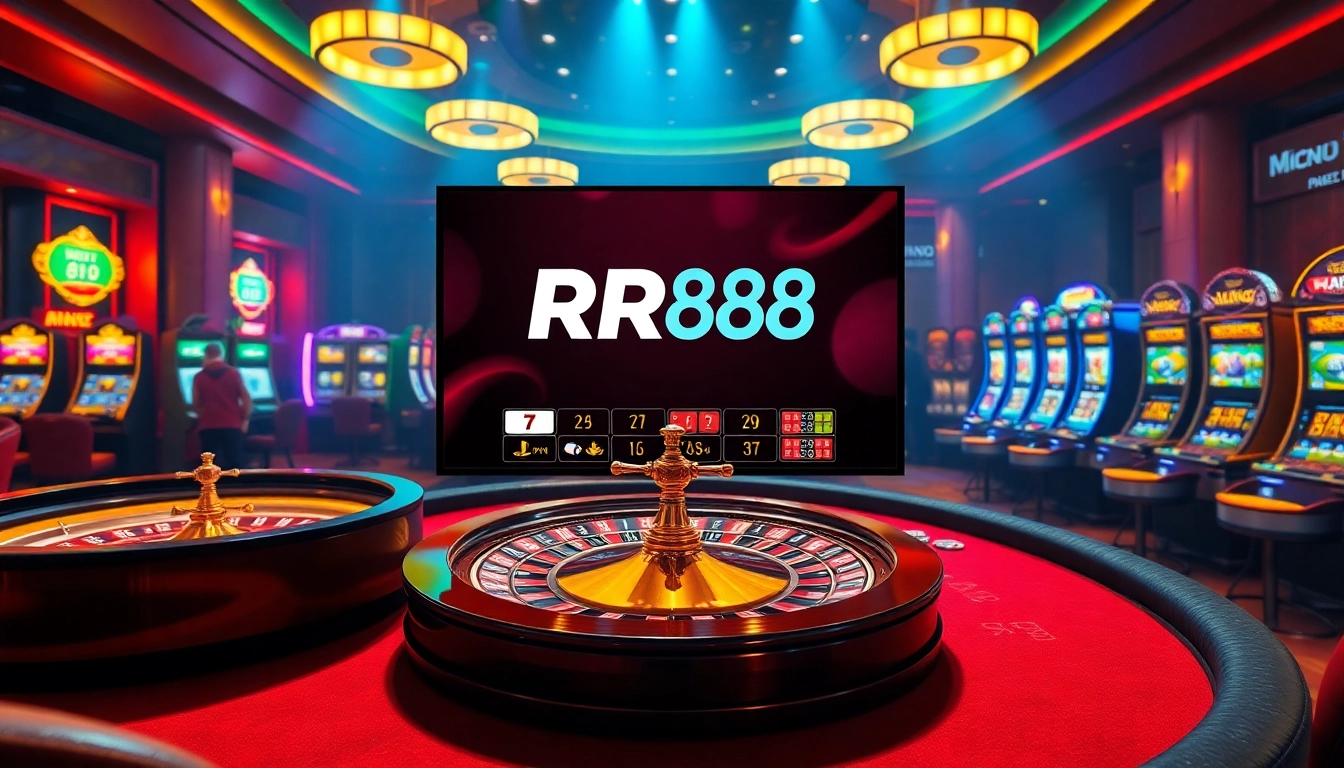 Experience the thrill of RR88 with vibrant online gambling scenes featuring roulette and poker games.