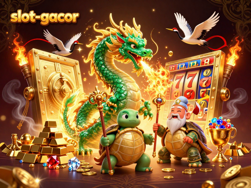 Experience the thrill of slot-gacor with a jade dragon, turtle sage, and lucky cranes emerging from gold treasures.