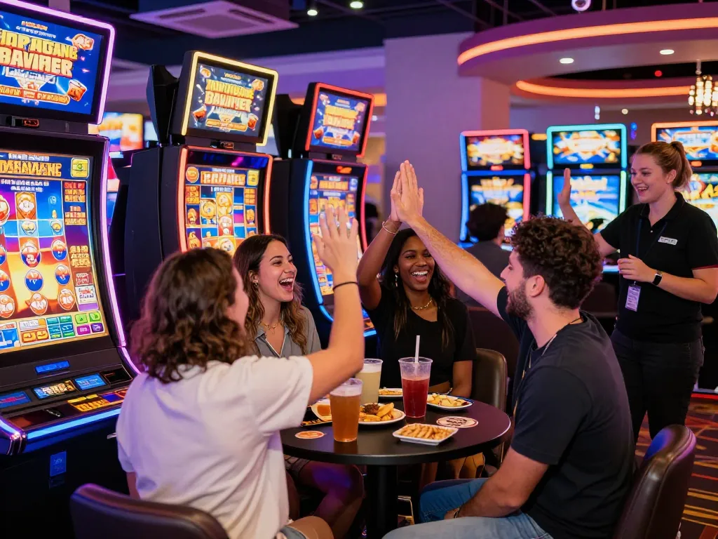 Players celebrating big wins with free credit 918kiss in a lively casino atmosphere, showcasing excitement and joy.