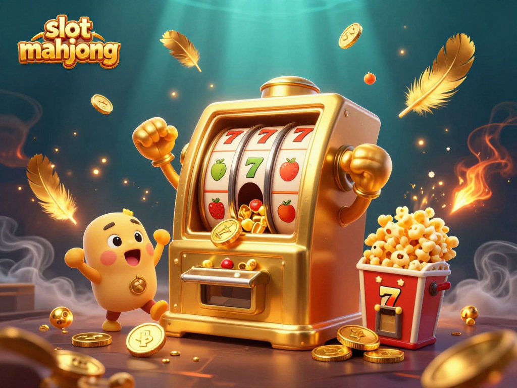Experience slot mahjong excitement with dynamic 3D cartoon illustration featuring winning slot machine.