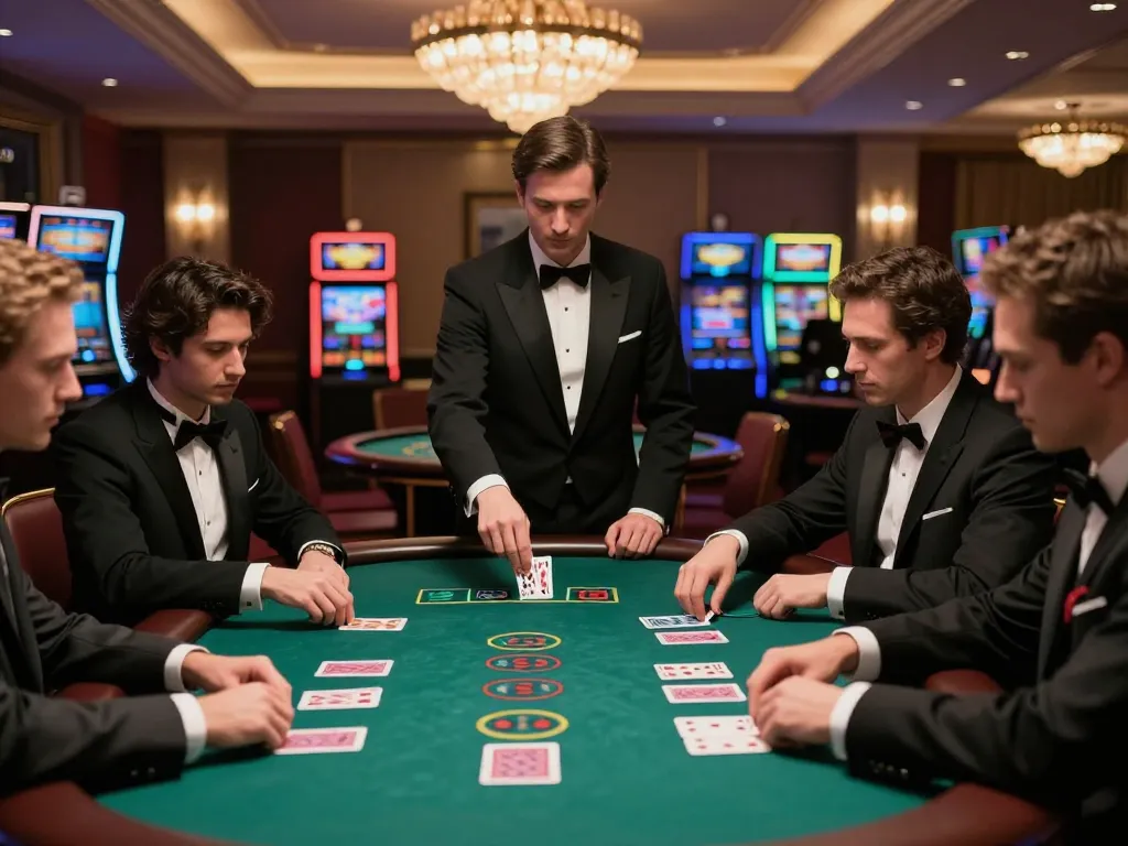 Players enjoying high-stakes blackjack at rr88 casino, focused on their cards with dealer present.