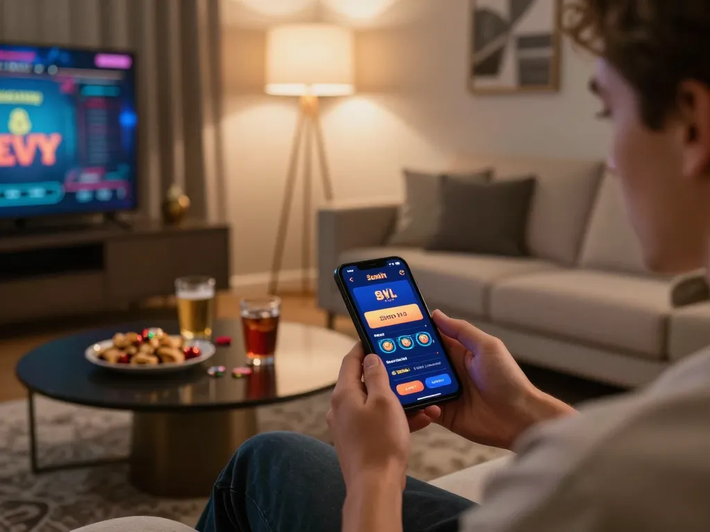 Player enjoying Sunwin mobile gaming experience on sofa, highlighting comfort and engagement with gambling.