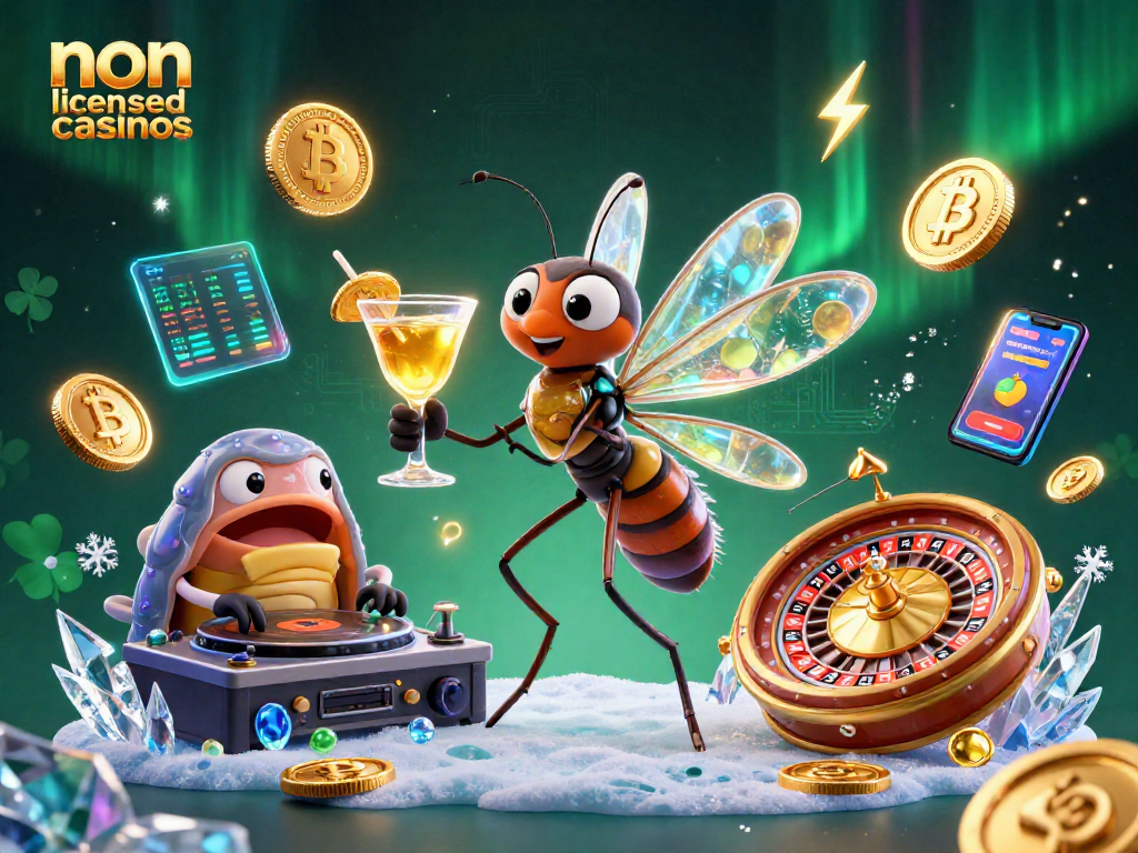 Engage with non uk licensed casinos through a vibrant 3D illustration of lively casino characters.