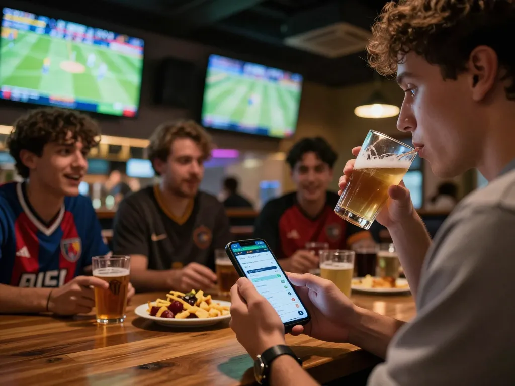 Engaged sports fan placing kèo nhà cái bets using mobile app at lively bar environment.
