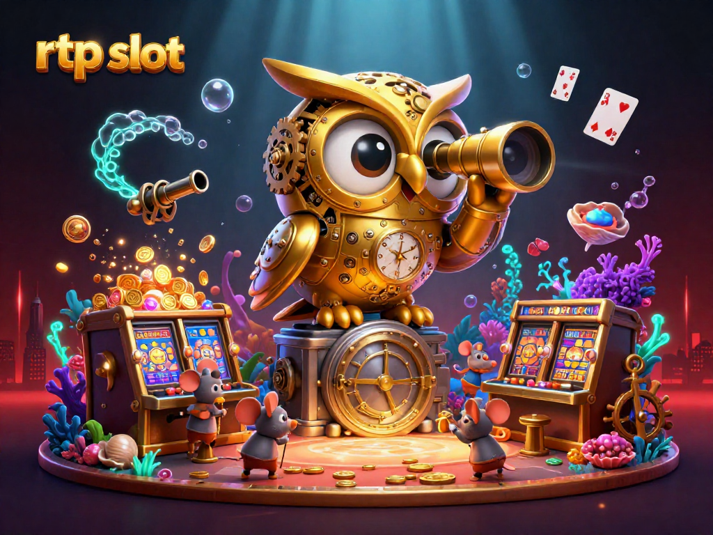Experience the excitement of rtp slot gaming with a vibrant 3D illustration of unique characters and lively casino elements.