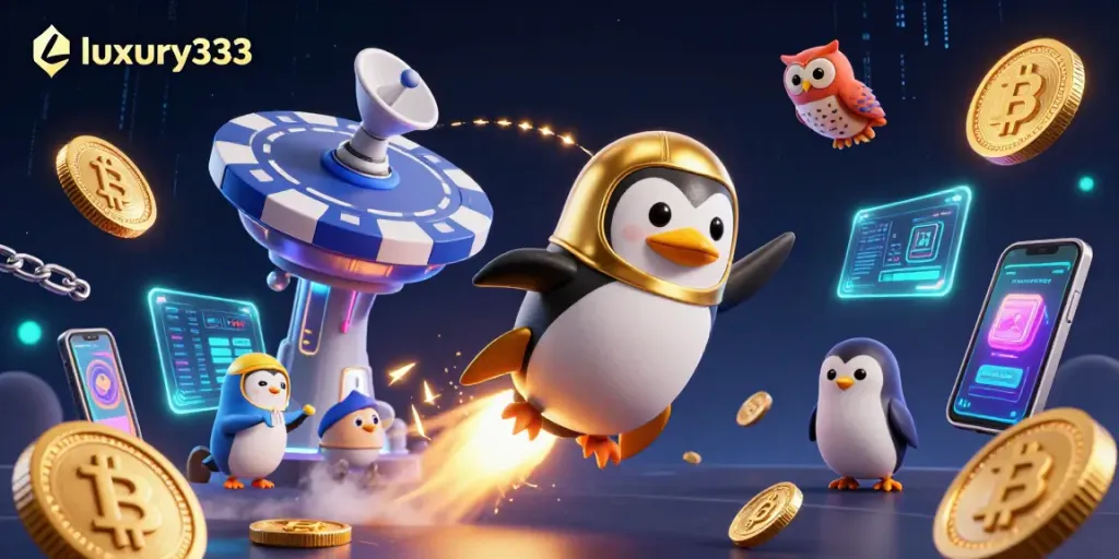 Luxury333 menawarkan permainan kasino dengan penguin emas bertenaga roket dan koin berkilau.