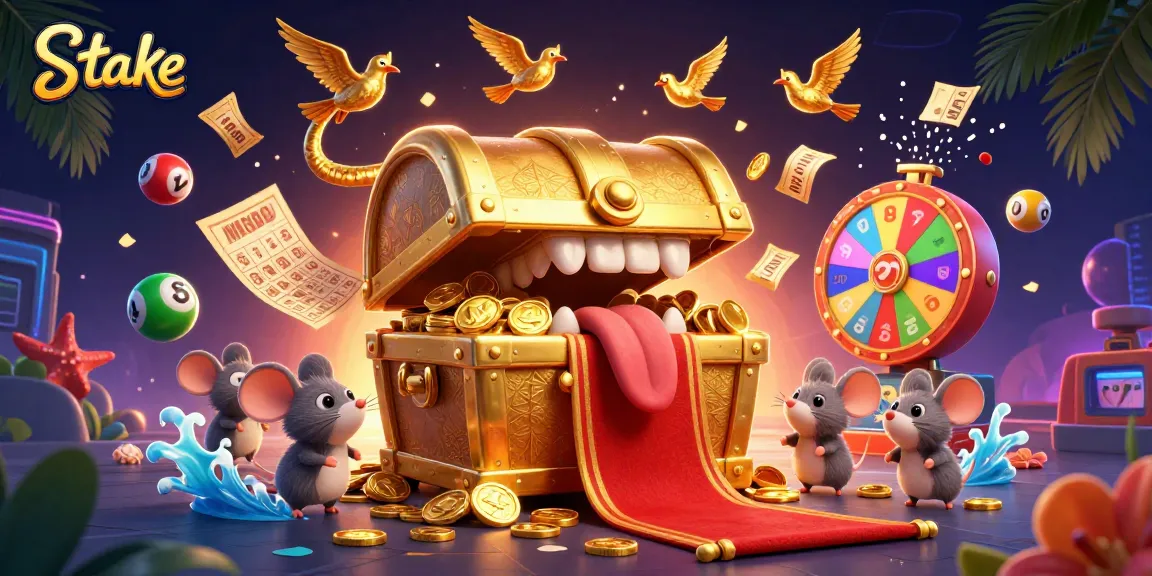 Experience the excitement of Stake with a vibrant 3D casino scene featuring games and rewards.