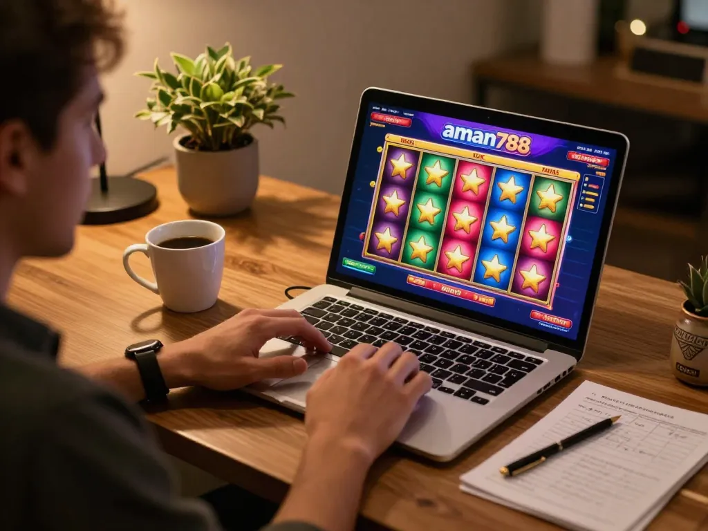 Pemain yang berinteraksi dengan antarmuka permainan slot aman788 di laptop dalam pengaturan bermain yang nyaman