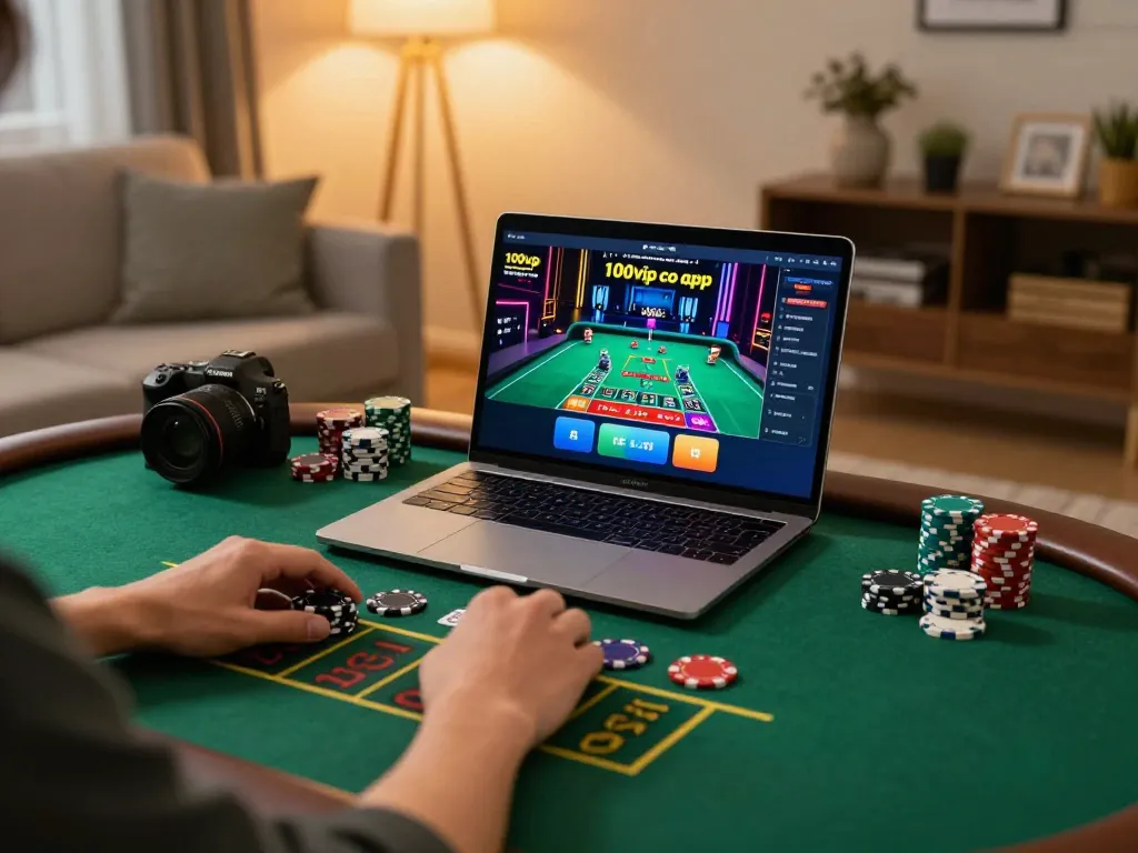 Engaged player using the 100vip co app for blackjack in a warm home setting.