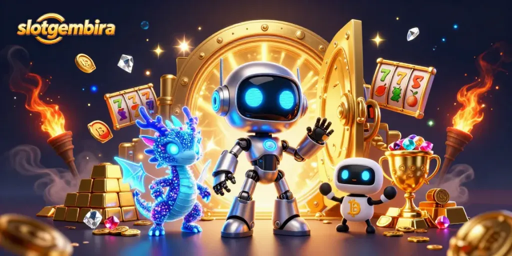 Win big at slotgembira with a vibrant 3D illustration of a cyberpunk robot and rich casino elements.