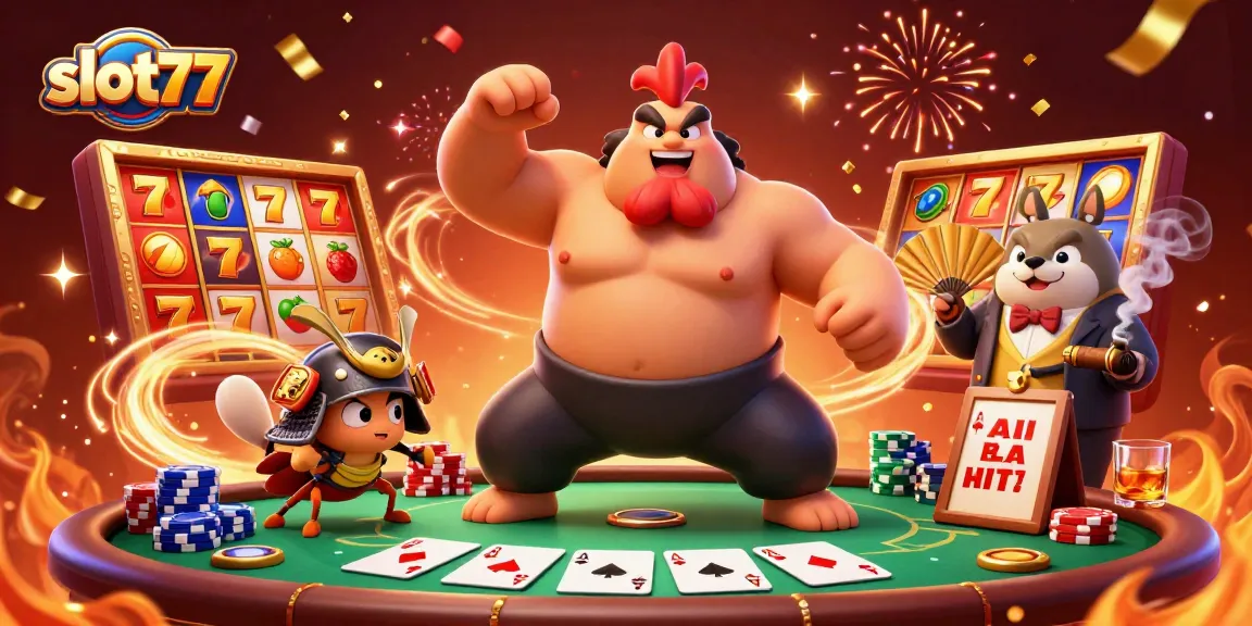 Experience the thrill of slot77 in a vibrant casino scene with unique characters and action.