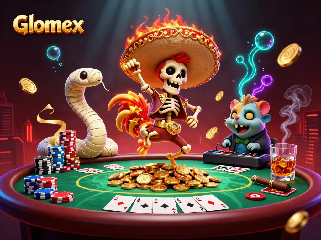 Engage in the Glomex-themed casino scene filled with vibrant characters and poker excitement.