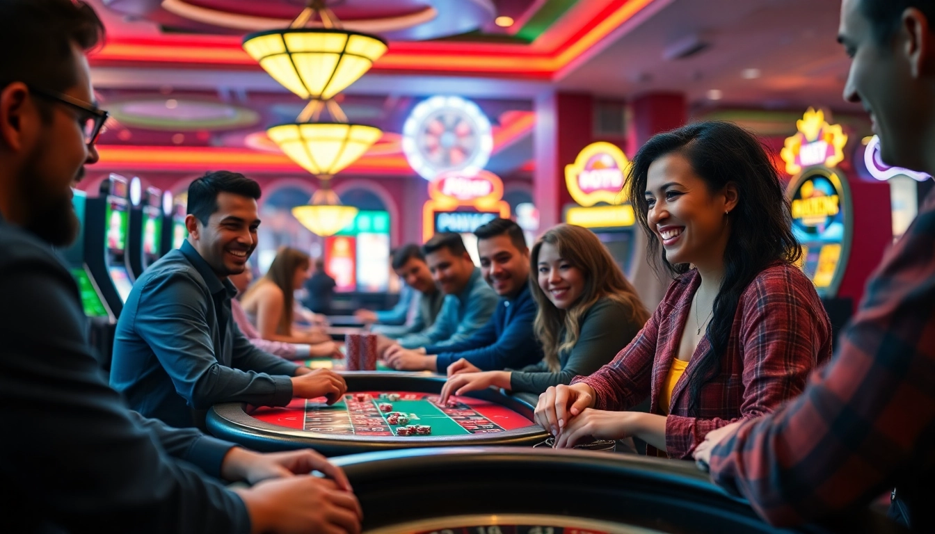 Menschen genießen casino spielen online in einem lebhaften Ambiente mit verschiedenen Spielen.