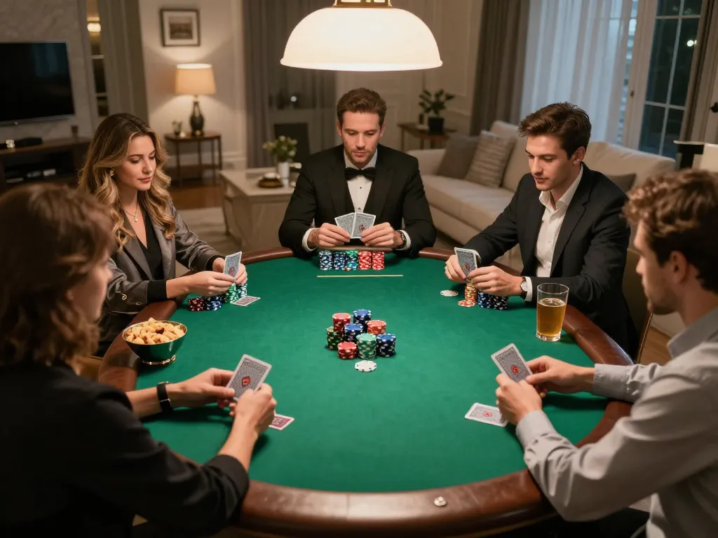 Players engage in a thrilling poker game during a home night with VK88, showcasing chips and cards.