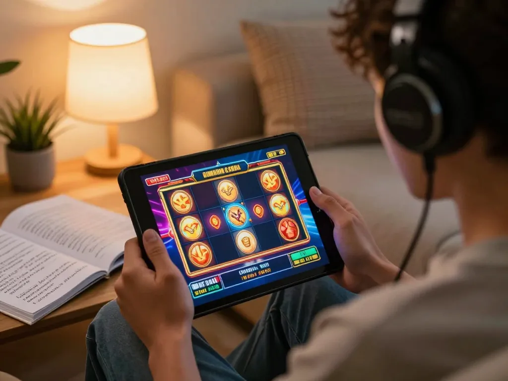 Engaging with gg88 link on a tablet in a cozy home setting while enjoying vibrant online slot games.