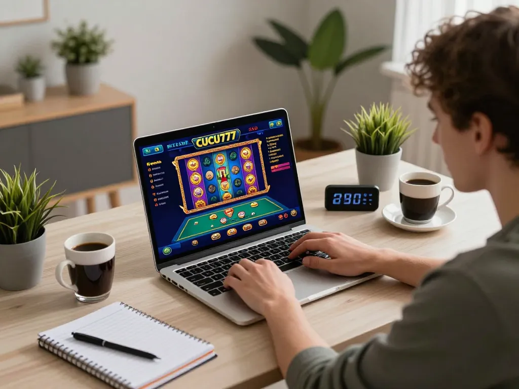 Engaging player enjoying CUCU777 online gaming experience on their laptop at home, highlighting responsible play.