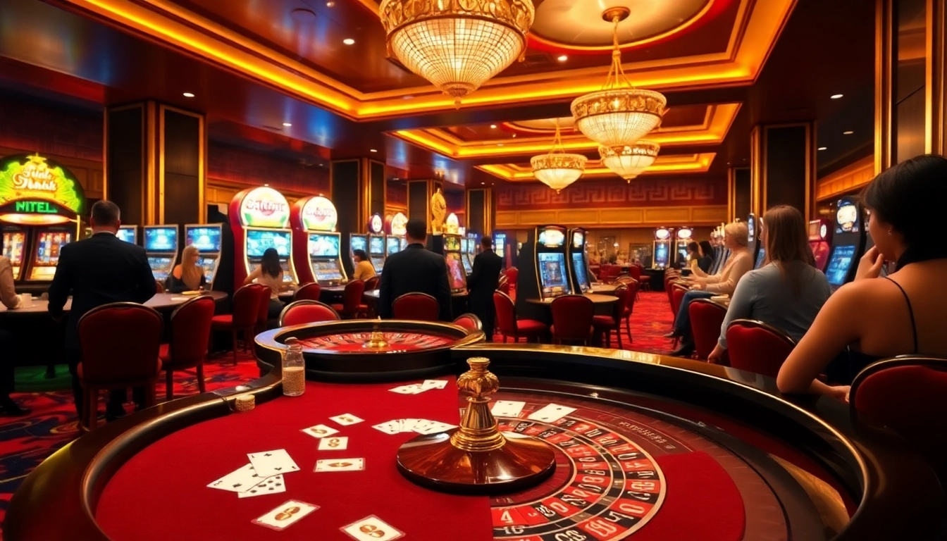 Hitclub casino scene showcasing excitement with poker chips, a roulette wheel, and lively patrons.