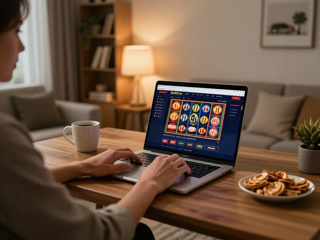 Engaging with goal123.ac on a laptop, showcasing vibrant online casino gaming in a cozy home office.