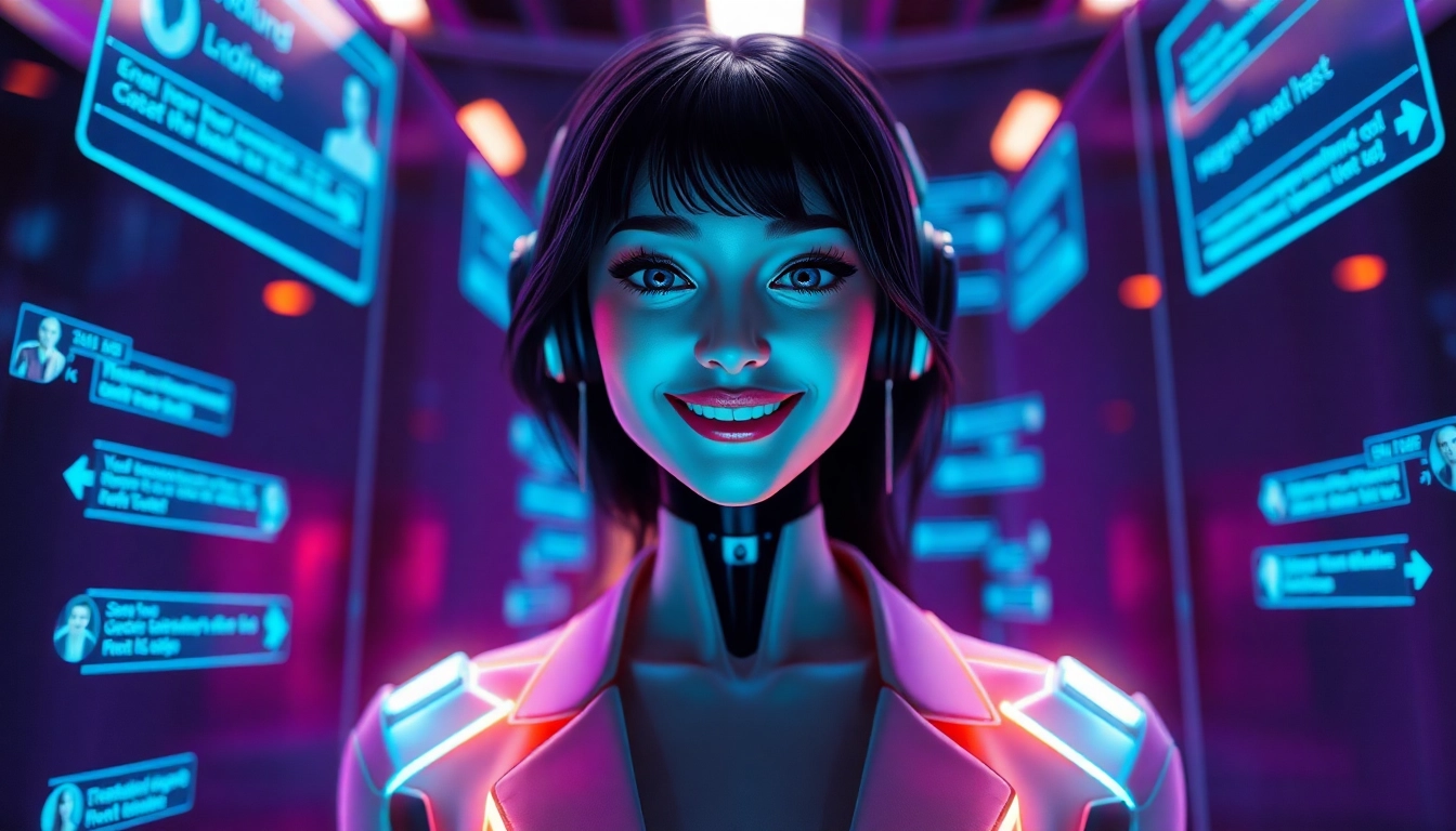 AI slut character in a modern digital setting with holographic displays.