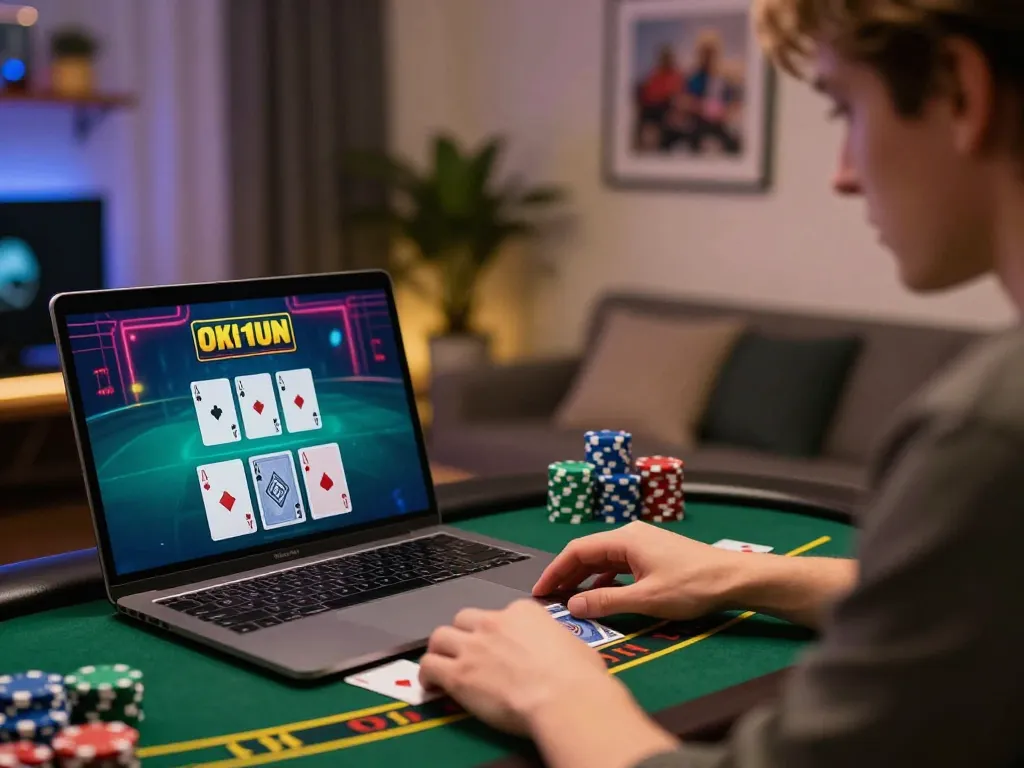 Engaging online blackjack gameplay on jagoan86's platform from a cozy desk setup.