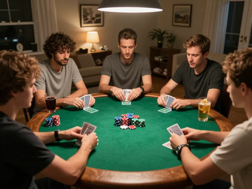 Players competing in a home poker game, showcasing net88 excitement and strategy.