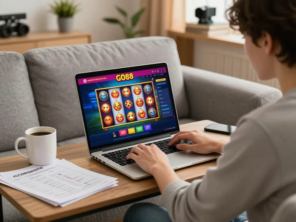 Engaged player exploring the GO88 app in a cozy living room during an online gaming session.