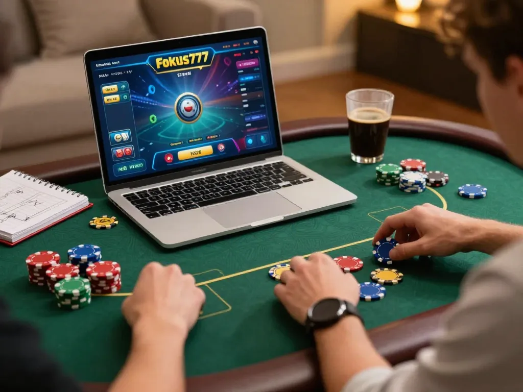 Engaging poker gameplay on Fokus777 platform with vibrant colors and strategic atmosphere.