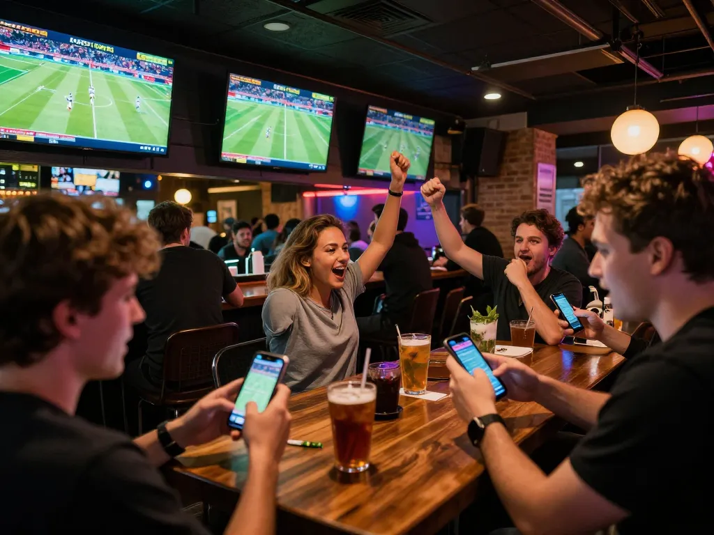 MM88 patrons actively placing bets in a lively sports bar full of excitement