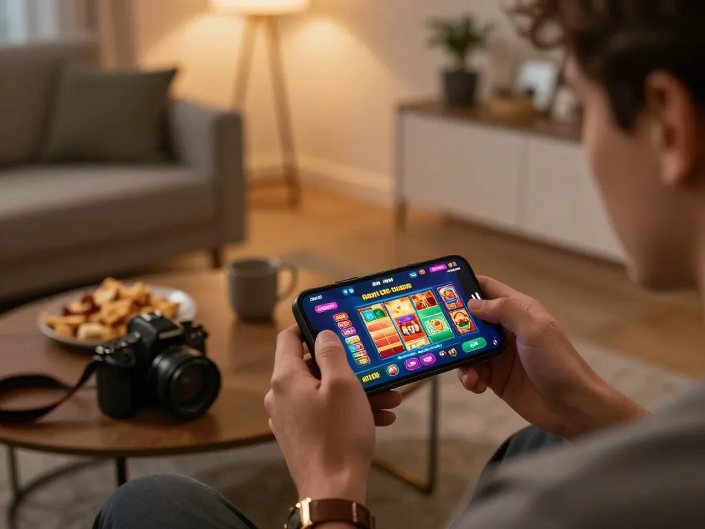 Pengguna Dewi100 bermain permainan kasino online di smartphone di lingkungan rumah yang nyaman.