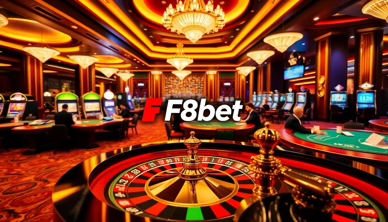 Players strategizing at a poker table in an F8bet casino scene.
