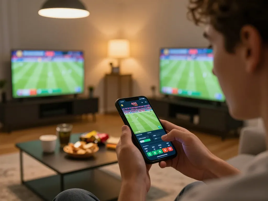 Engaged bettor using smartphone for live odds at smartcityhostels during an exciting football match