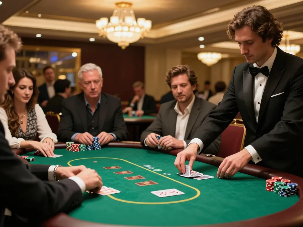 Players engaging in a high-stakes poker game at F168's elegant casino table with vibrant chips.
