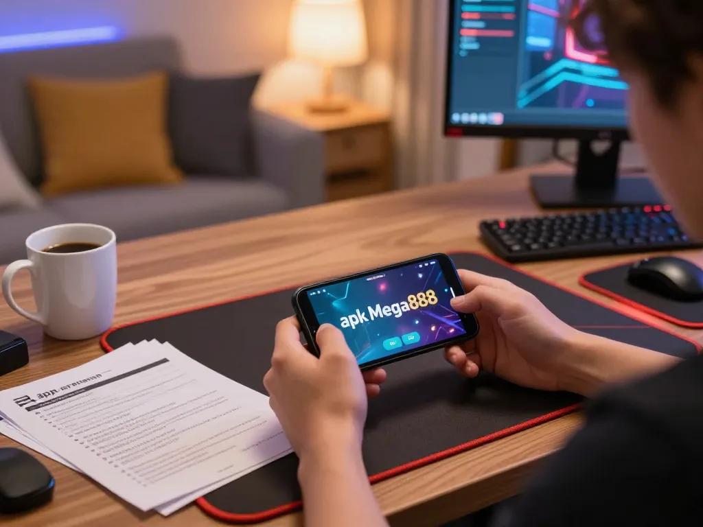 Engaged user playing apk mega888 on smartphone in a cozy home setup.