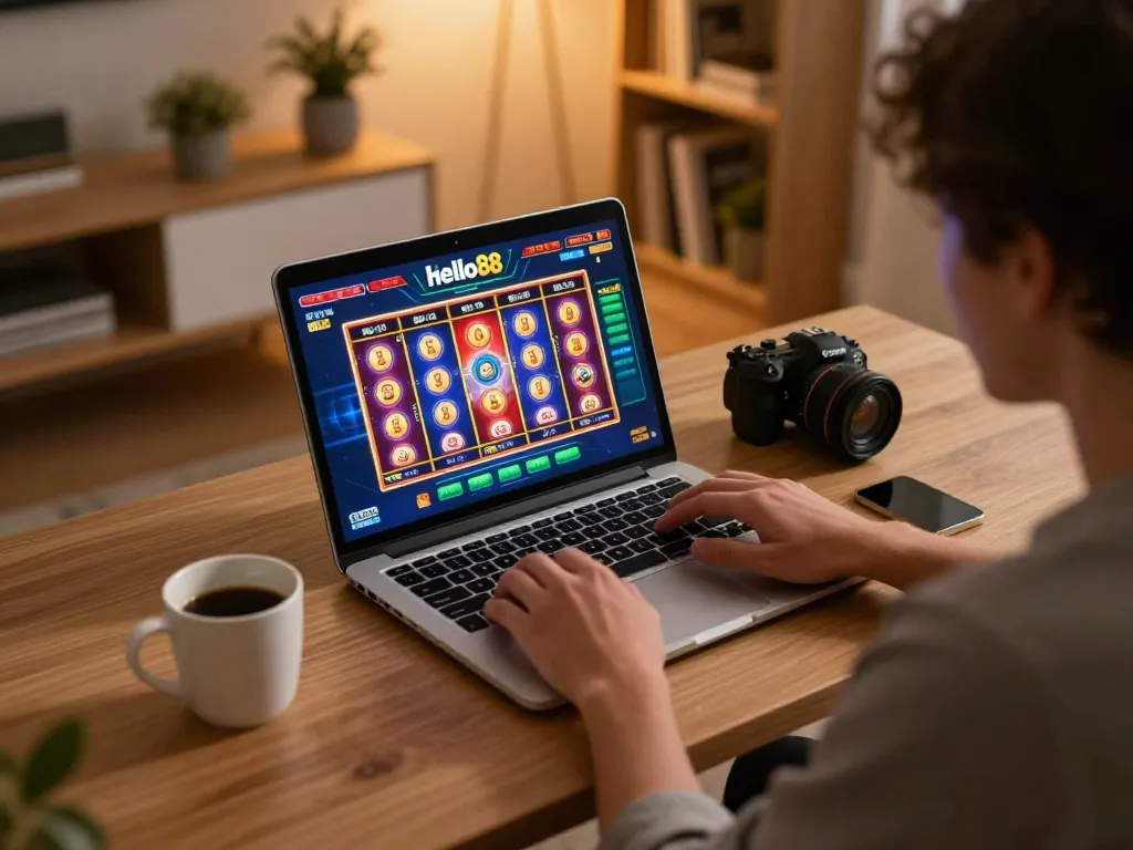 Engaging gameplay at hello88 online casino with vibrant slot interface on a laptop.
