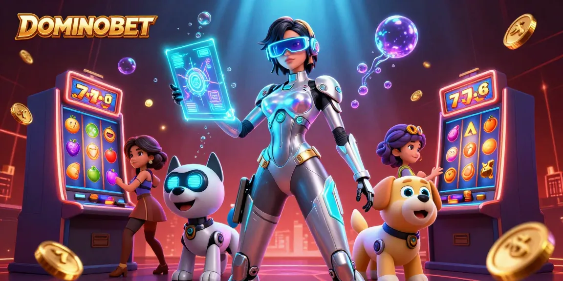 Engage with DOMINOBET as vibrant slot machines and characters create an exhilarating casino scene.