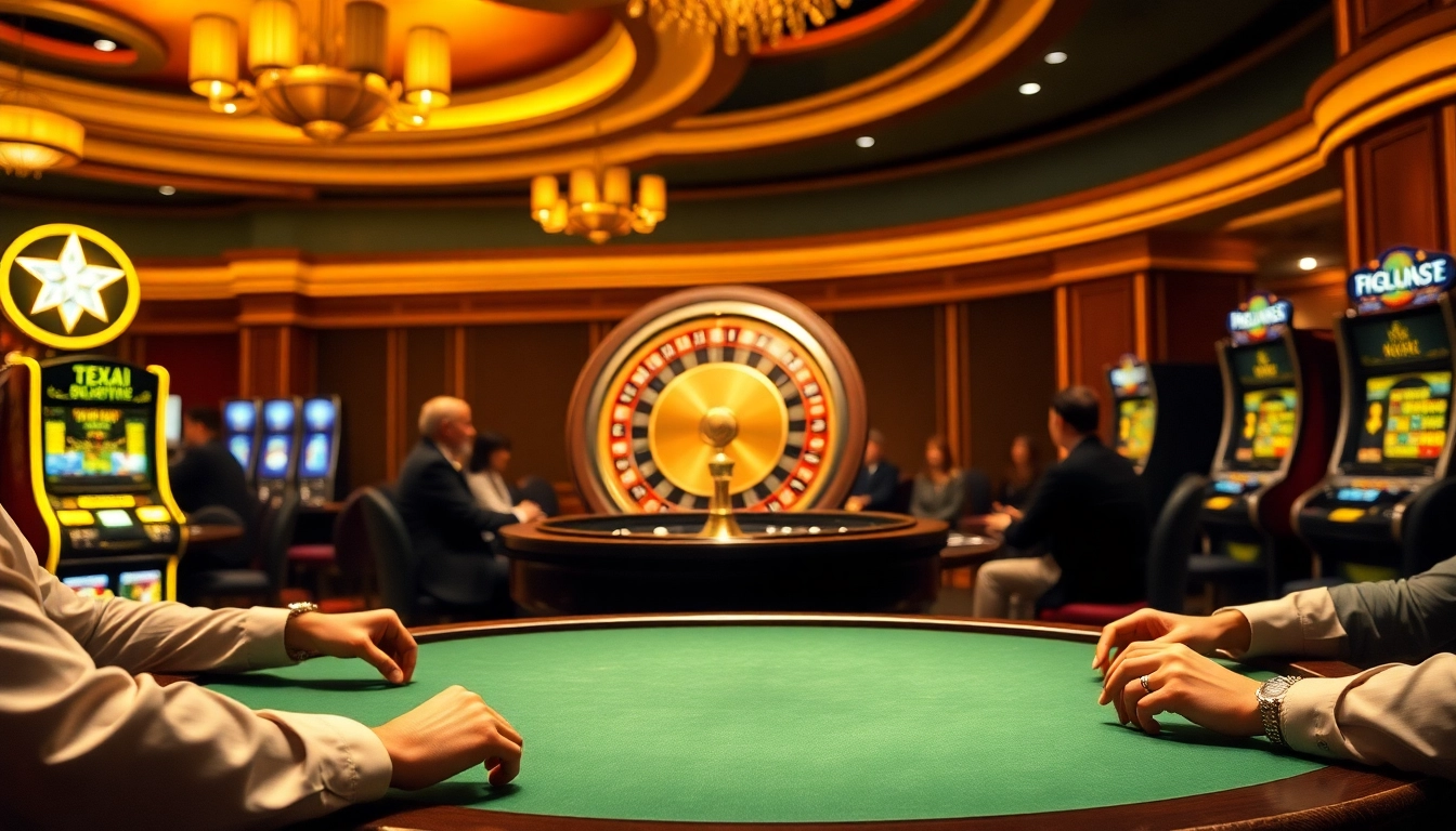 View of a lively casino showcasing tỷ lệ cá cược at poker tables and slot machines.