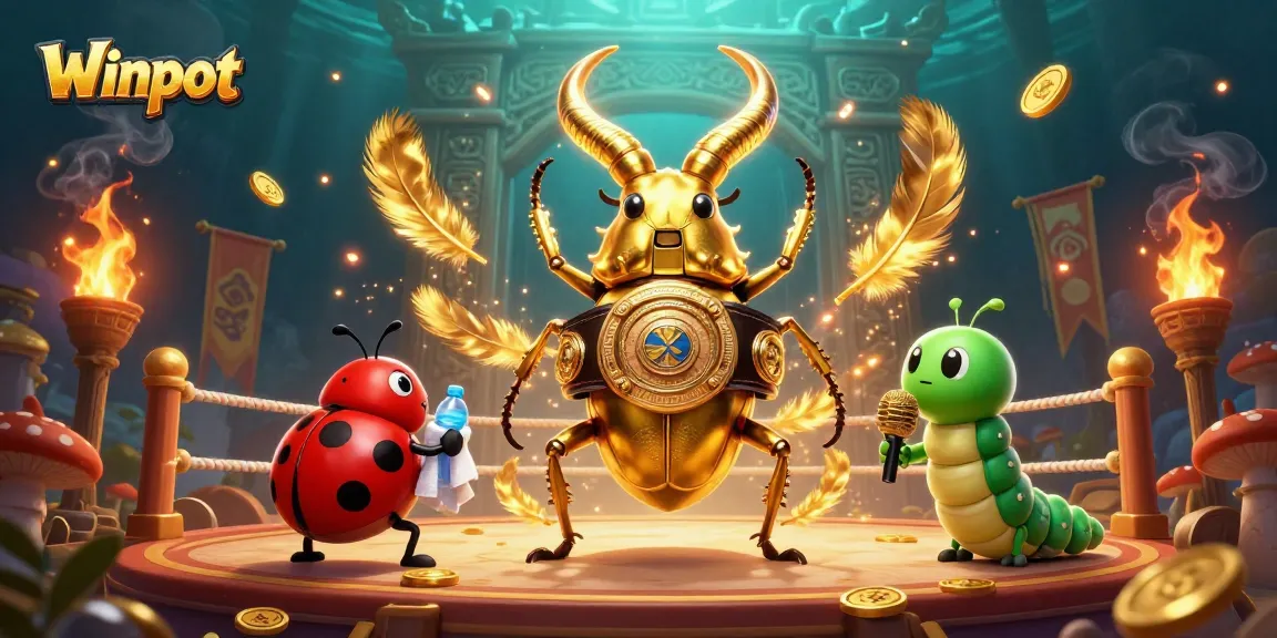 Winpot showcases a golden stag beetle champion in a vibrant casino-themed arena, featuring excitement and rich details.