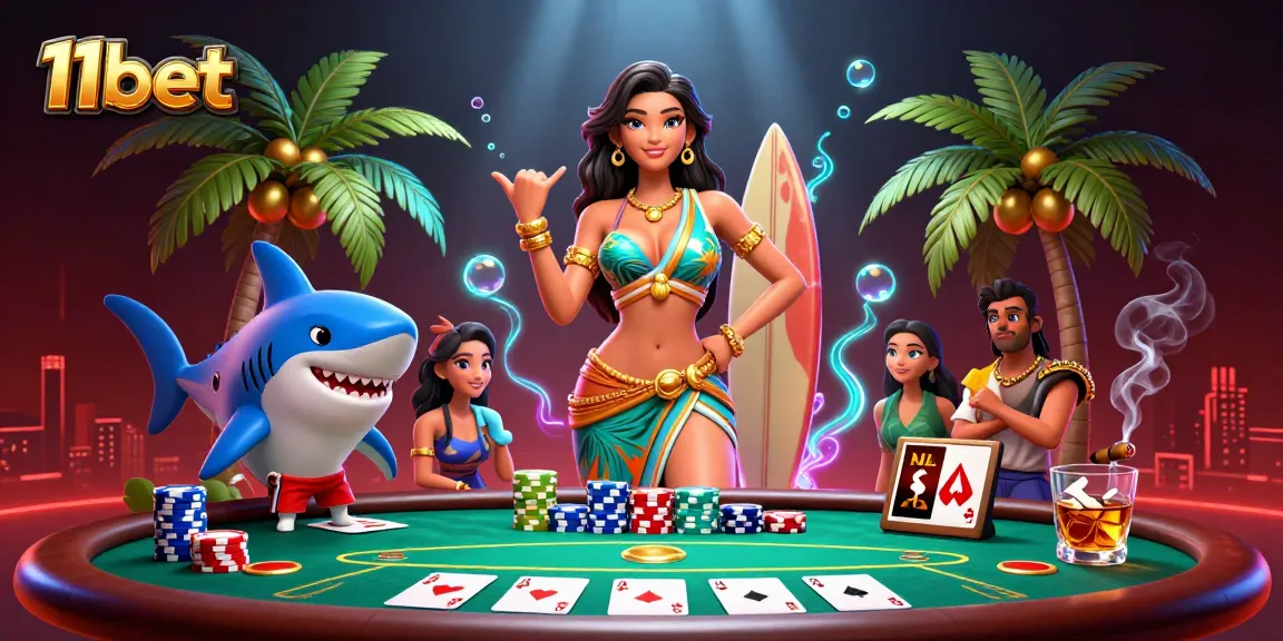 Enjoy thrilling 11bet poker action with a glamorous beach goddess and a surfer shark in a vibrant casino scene.