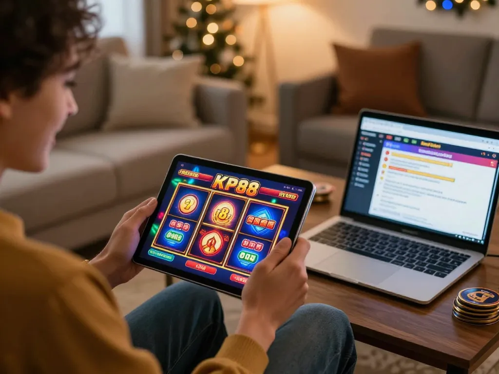 KP88 player enjoying online slots on tablet in cozy home setting, festive atmosphere