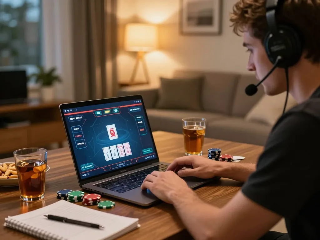 Player enjoying an online gaming session on rr88c poker, strategically engaged with chips and notes.