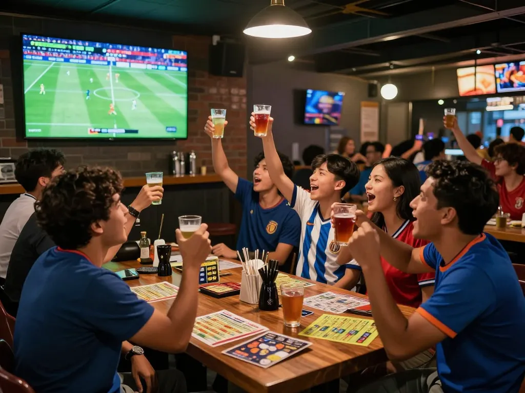 Friends celebrating a goal during a Judi Bola match at a lively sports bar.