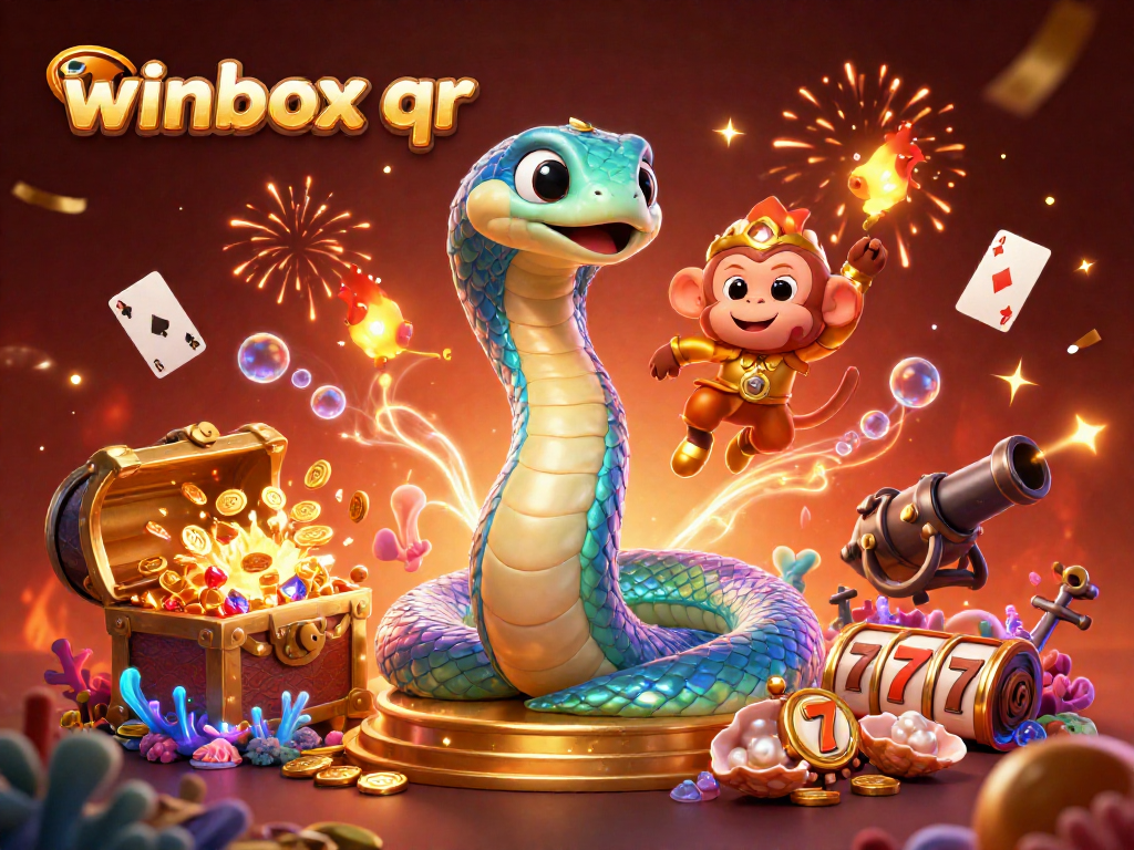 Spin the reels with winbox qr in this vibrant casino-themed illustration featuring treasures and creatures.
