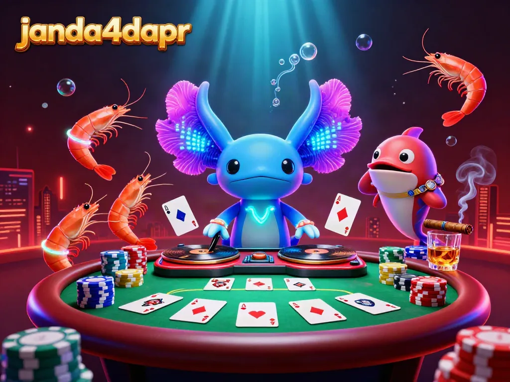 JANDA4DAPR, ilustrasi kasino digital yang menyenangkan dengan DJ axolotl dan suasana semarak.